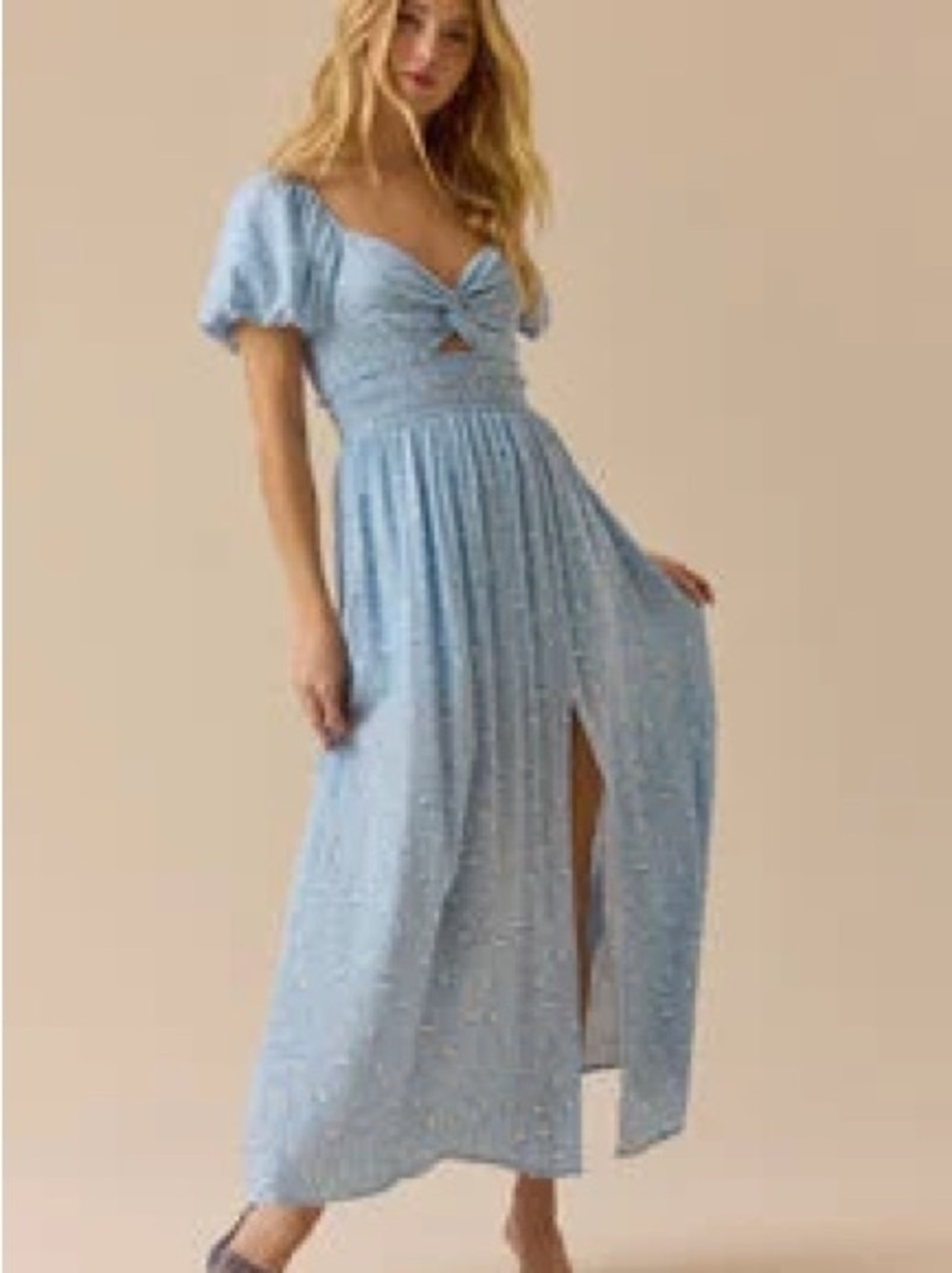 Altar'd State Light Blue Puff-Sleeve Maxi Dress with Front Slit